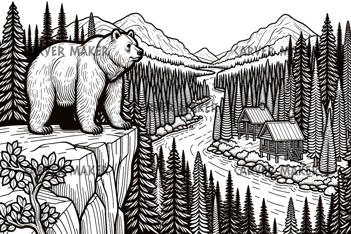 Cliffs Bear Pattern Bear on Cliff Over Looking Cabins - ART - Laser Engraving – Carver Maker