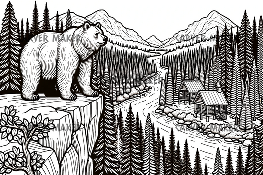 Bear on Cliff Over Looking Cabins - ART - Laser Engraving