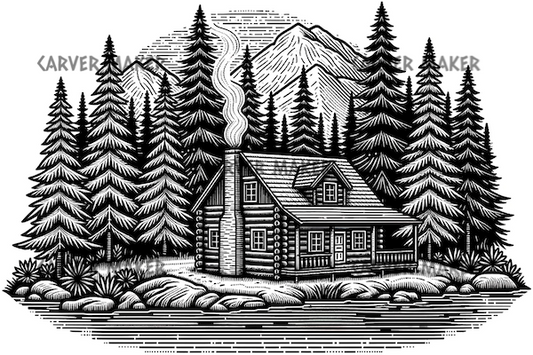 Cabin Life in the Mountains on a Lake - ART - Laser Engraving