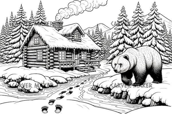 Cabane dans la neige avec un ours - ART - Gravure laser