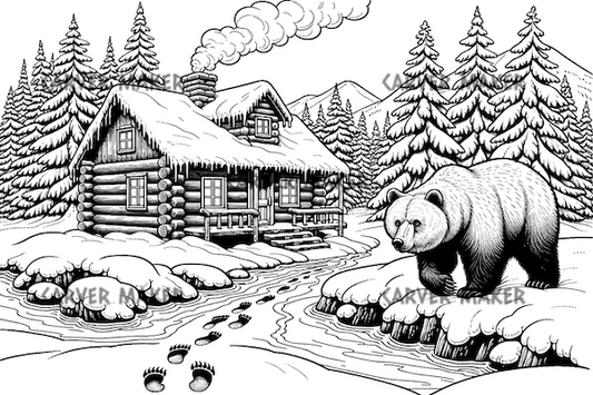 Cabin in the Snow With a Bear - ART - Laser Engraving