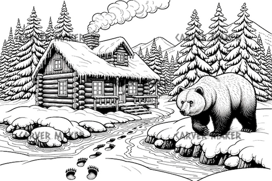 Cabaña en la nieve con un oso - ARTE - Grabado láser