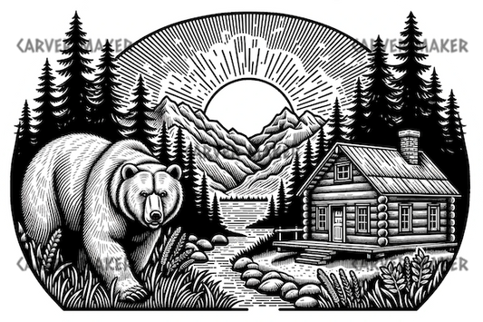 Cabin with Bear in the Back Woods - ART - Laser Engraving