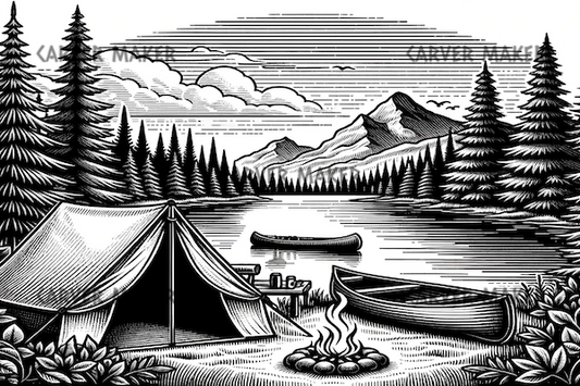 Camping sur un lac près du feu de camp - ART - Gravure laser