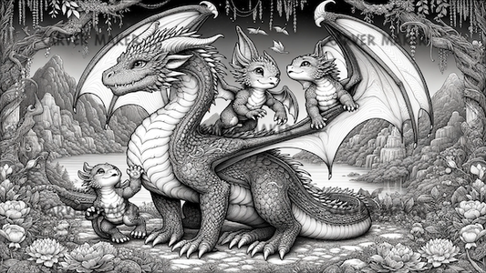 Familia de Dragones Jugando - ARTE - Grabado Láser