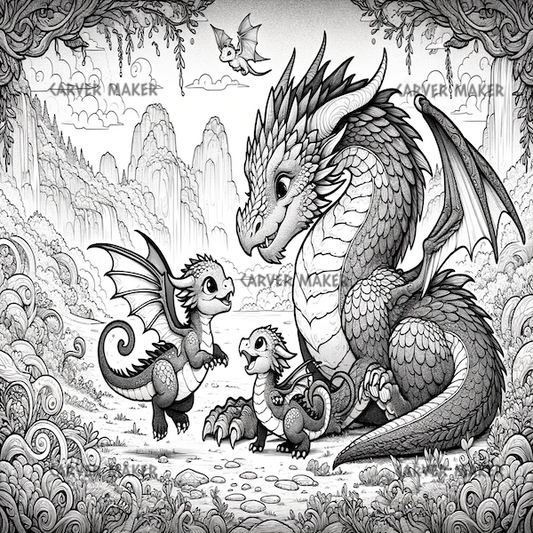 Familia de dragones disfrutando del tiempo juntos - ARTE - Grabado láser