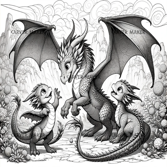 Familia de dragones divirtiéndose - ARTE - Grabado láser