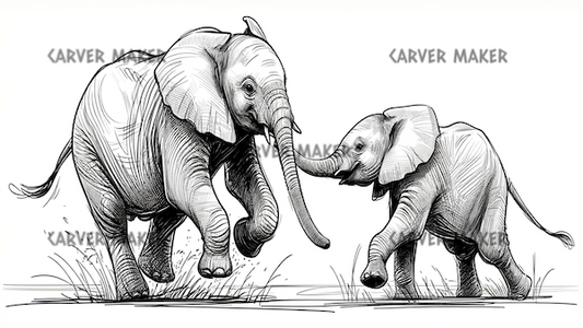 Baby Elephant Pair Playing  - ART - Laser Engraving