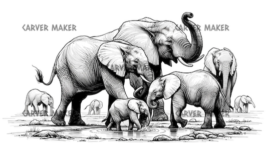Elephant Family Playing  - ART - Laser Engraving