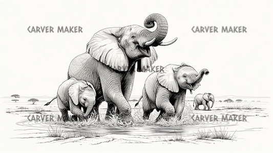Familia de elefantes jugando en el agua - ARTE - Grabado láser