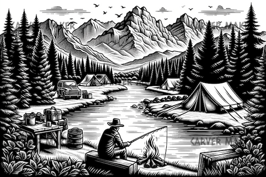 Pescando junto al río mientras acampa - ARTE - Grabado láser