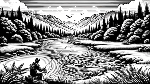 Pescando en el río en la montaña - ARTE - Grabado Láser