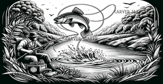 Pesca con mosca en el río con peces capturados - ARTE - Grabado láser