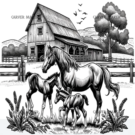 Familia de caballos en el rancho - ARTE - Grabado láser