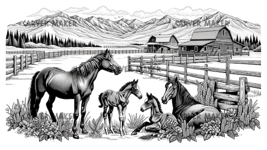 Familia de caballos relajándose en el rancho - ARTE - Grabado láser