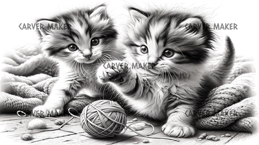 Kitten Pair Playing with Yarn- ART - Laser Engraving