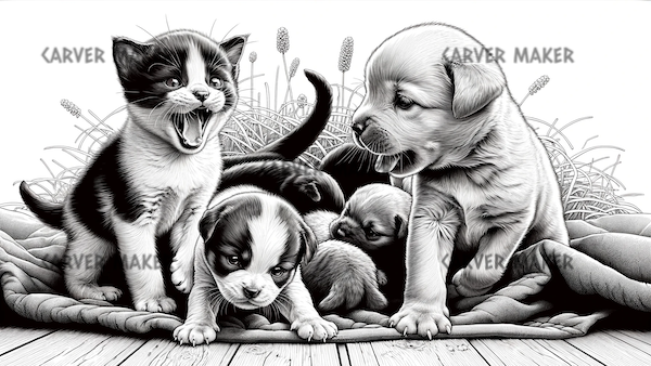 Kitten and Puppies Playing- ART - Laser Engraving