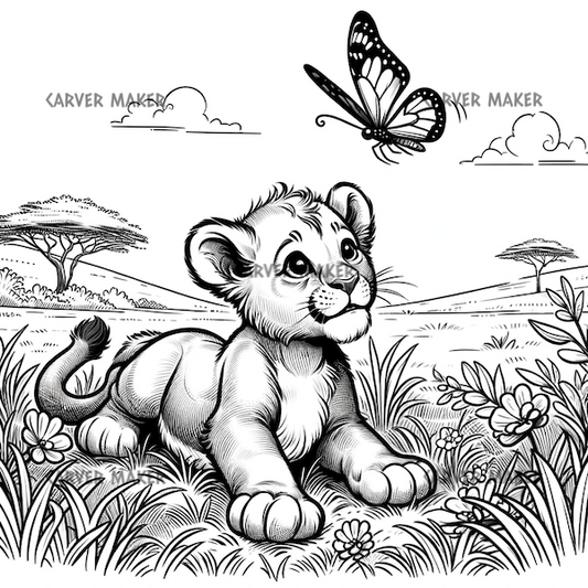 Lion Cub with Butterfly - ART - Laser Engraving