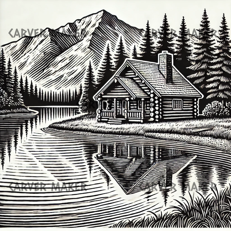 Log Cabin on a Lake - ART - Laser Engraving