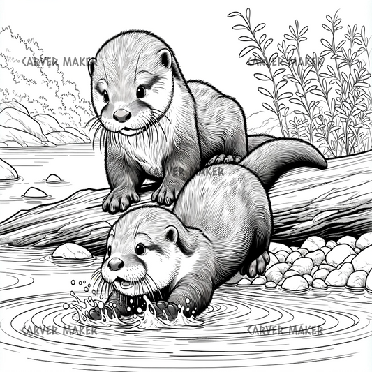 Otter Pair Playing in the River - ART - Laser Engraving