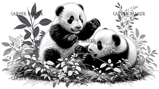 Baby Panda Bears Playing - ART - Laser Engraving