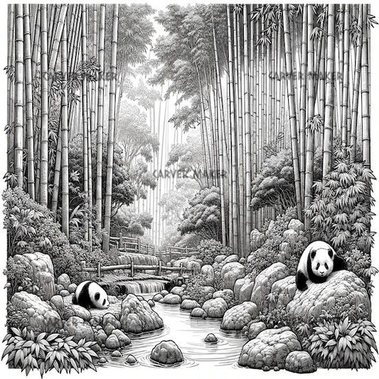 Osos Panda en el Bosque de Bambú - ARTE - Grabado Láser