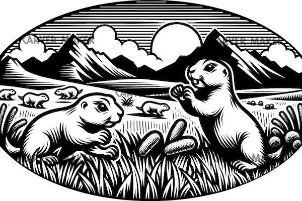 Prairie Dogs Playing Cartoon Oval- ART - Laser Engraving