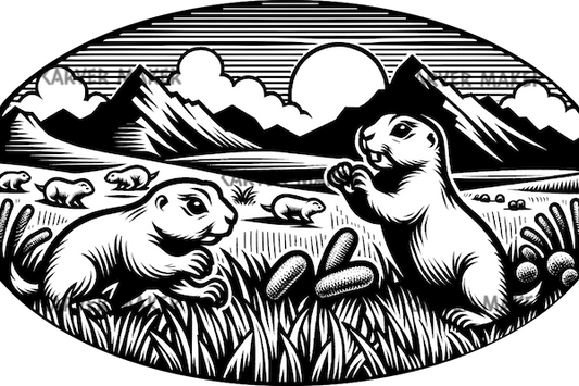 Prairie Dogs Playing Cartoon Oval- ART - Laser Engraving