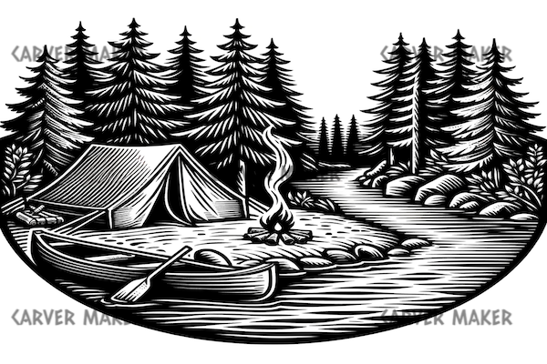 Camping au bord de la rivière près du feu de camp - Ovale - ART - Gravure laser