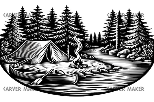 Camping by the River by the Campfire - Oval - ART - Laser Engraving