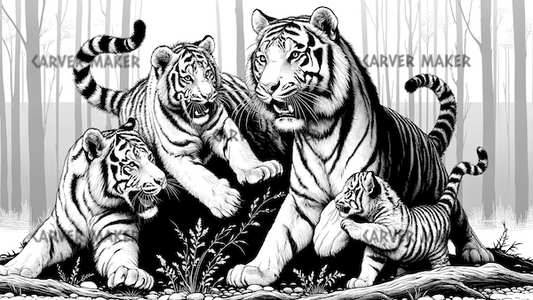 Tiger Family Playing - ART - Laser Engraving