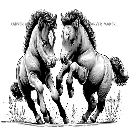 Two Baby Horses Playing - ART - Laser Engraving