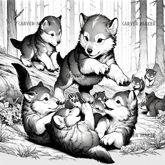 Wolf Cubs Playing in the Forest- ART - Laser Engraving