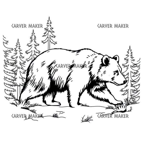 Bear walking right among pine trees and grass in black-and-white line art