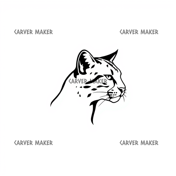 Right-facing bobcat head with pointed ears and whiskers in black-and-white line art
