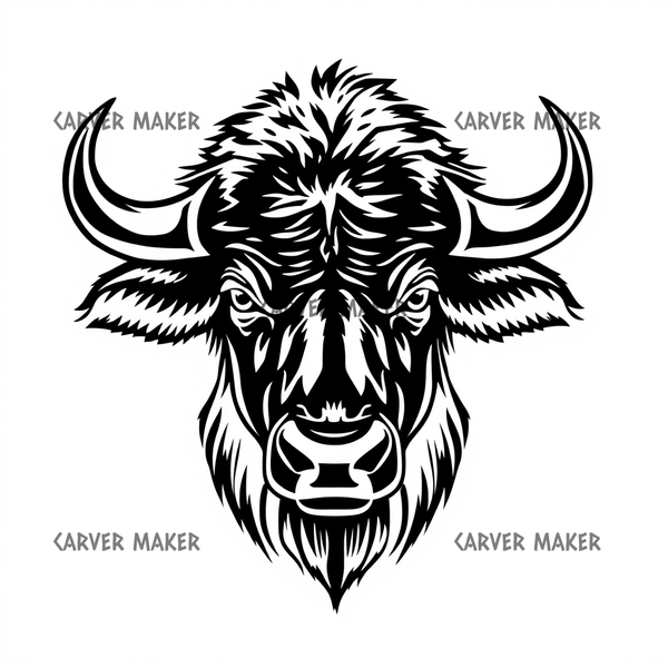 Front-facing buffalo head with curved horns and shaggy beard in black-and-white line art