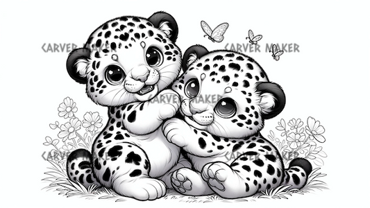 Cute Baby Jaguars with Butterfly - ART - Laser Engraving