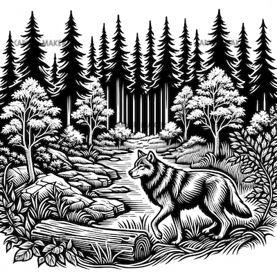 Lobo en bosque denso - ARTE - Grabado láser