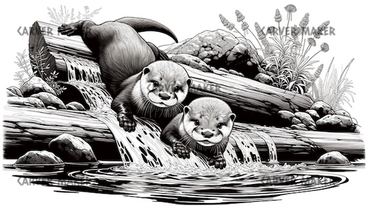 Otters Playing in the River - ART - Laser Engraving