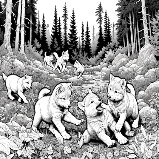 Pack of Wolf Cubs Playing Together - ART - Laser Engraving
