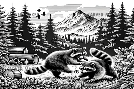 Racoons Playing in the Woods - ART - Laser Engraving