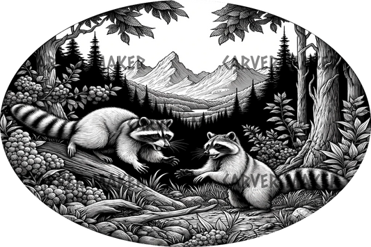 Racoons Playing in the Woods Oval - ART - Laser Engraving