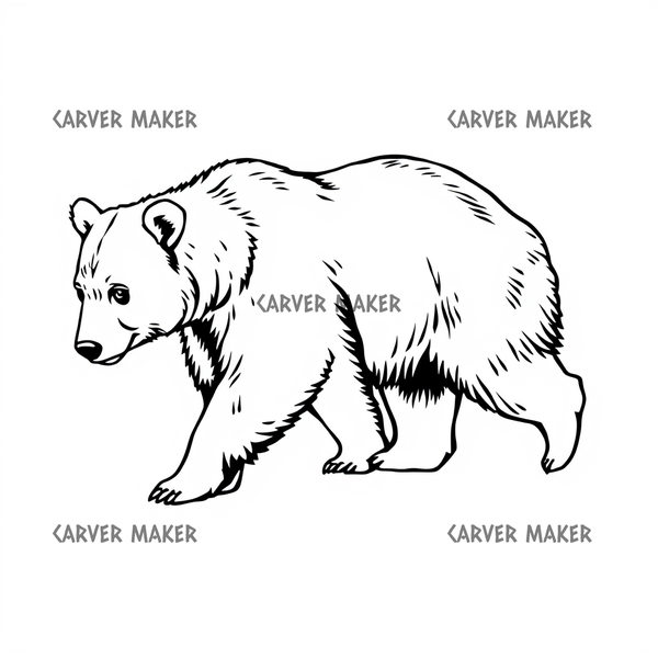 Walking bear facing left with textured fur in black-and-white line art