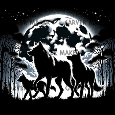 Wolf Family Walking by the Moon - ART - Laser Engraving
