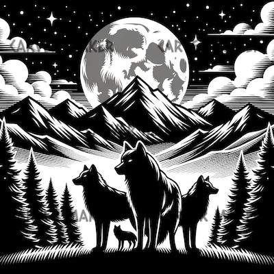 Meute de loups avec paysage et lune - ART - Gravure laser