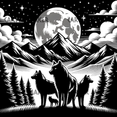 Wolf Pack with Landscape and Moon - ART - Laser Engraving