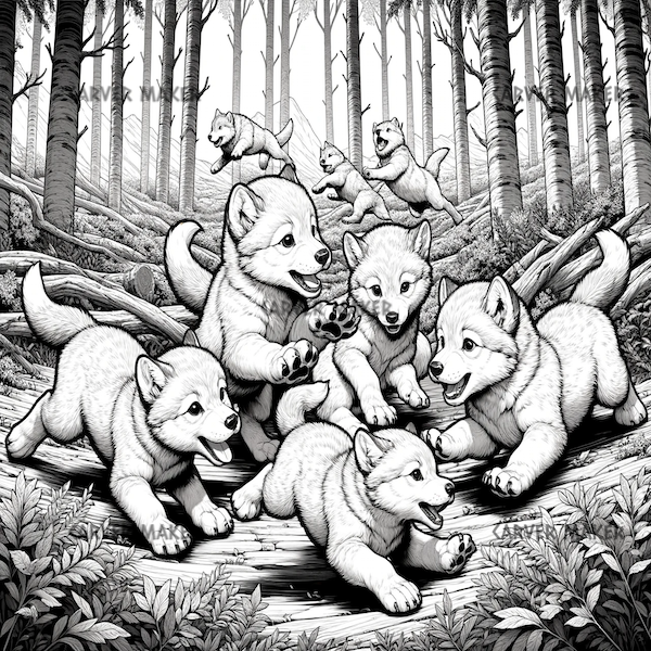 Cachorros lobo jugando juntos - ARTE - Grabado láser