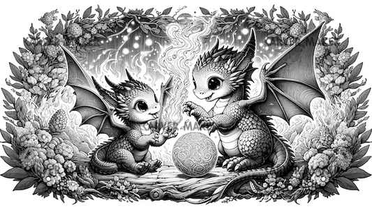 Dragones jóvenes jugando con magia - ARTE - Grabado láser