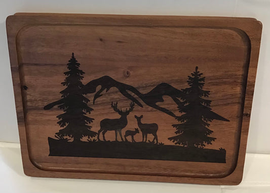 Double sided Rectangle Serving Board with Mountains and Deer Design