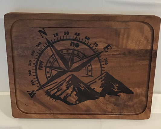 Double Sided Rectangle Serving Board with Compass in Mountains Design